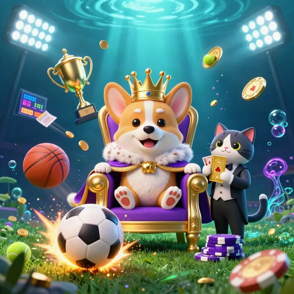 Royal corgi king and cat butler amid flying sports balls, coins, trophy and floodlights underwater glow