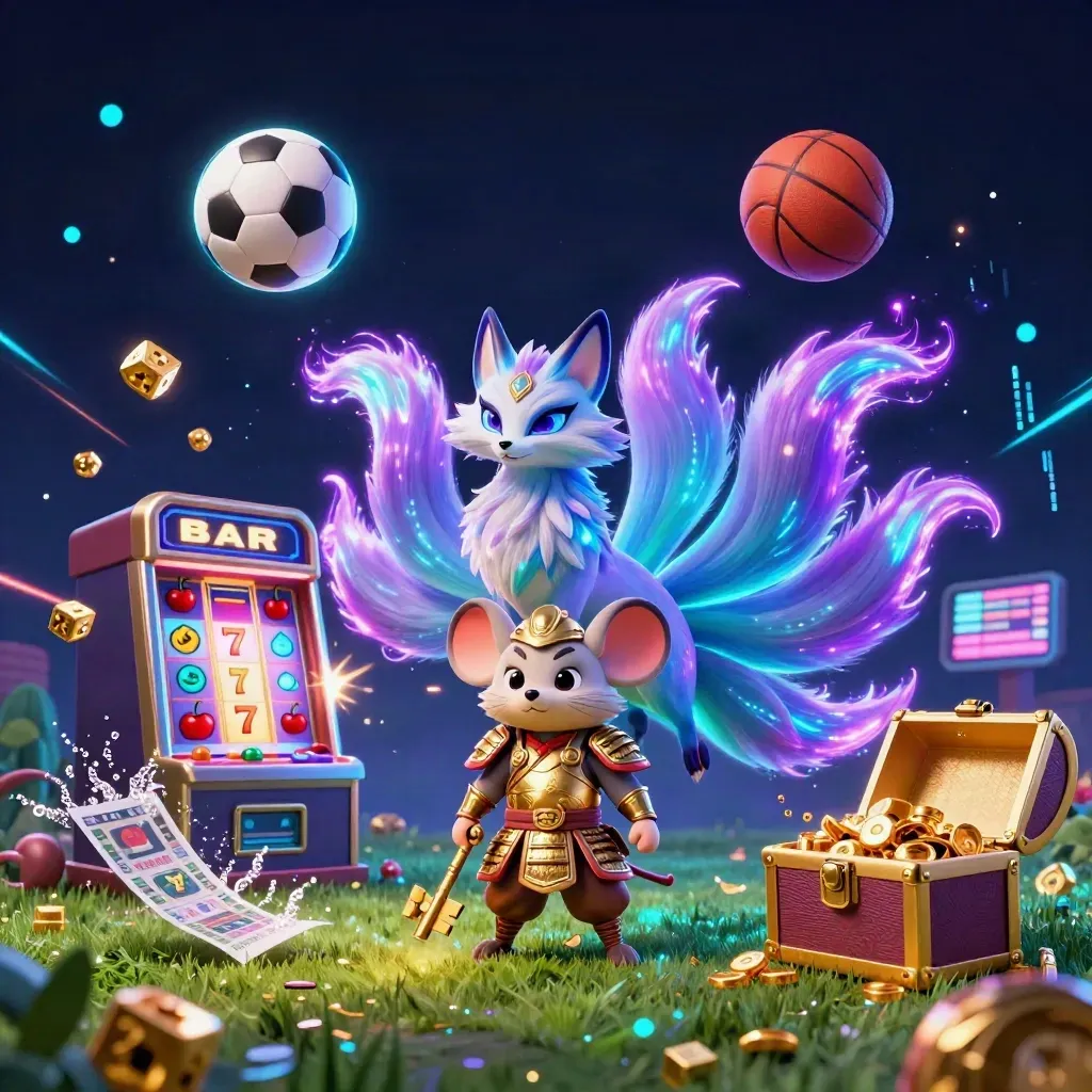 Fox spirit and samurai mouse amid casino bursts, flying balls, gold, and neon energy.