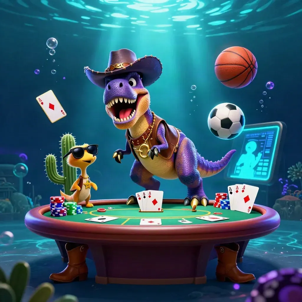 Cowboy T-Rex, cactus and roadrunner amid casino chips, cards, balls and neon underwater glow