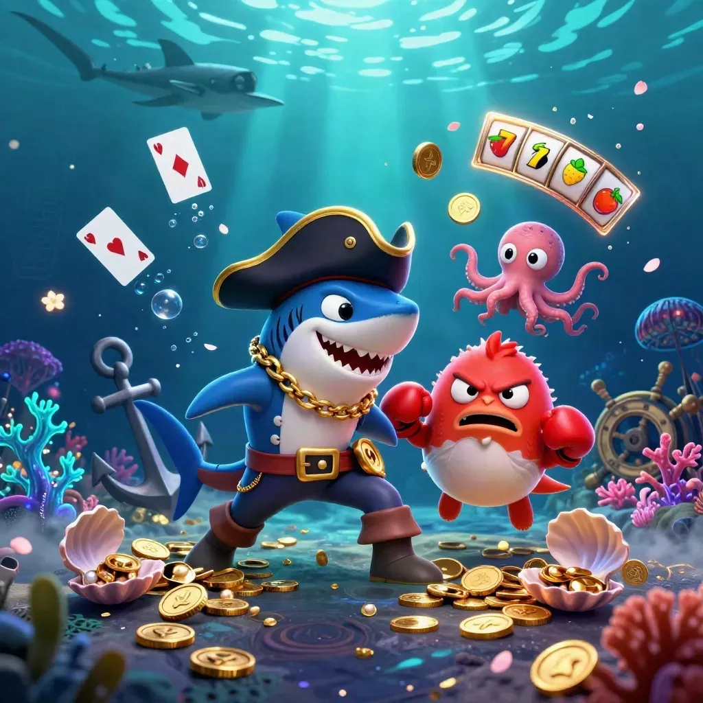Shark pirate, boxing pufferfish, and coin-juggling octopus in a glowing underwater treasure cove.
