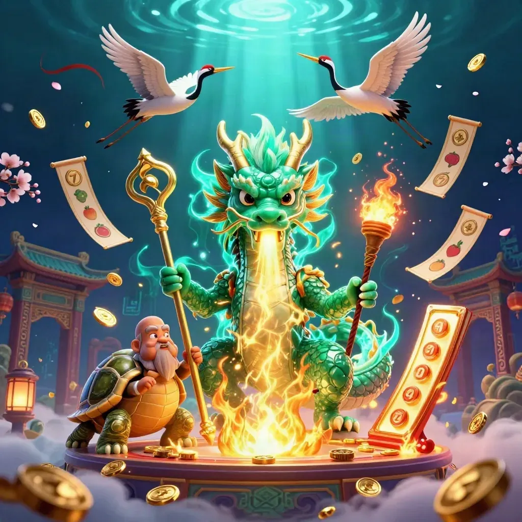Emerald dragon, turtle sage and cranes in a glowing underwater casino fantasy raid.