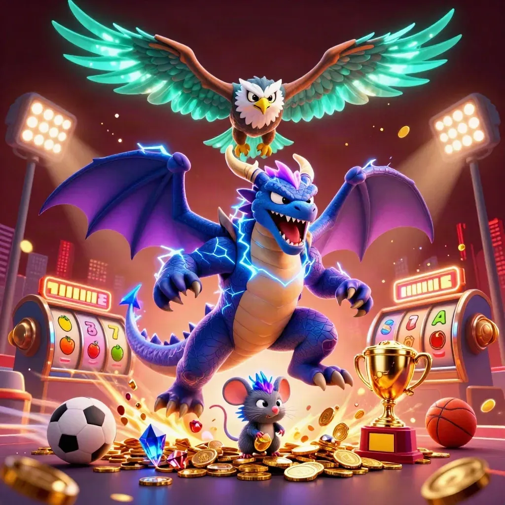 Thunder dragon, wind hawk and static mouse amid treasure, balls, reels and neon casino lights.