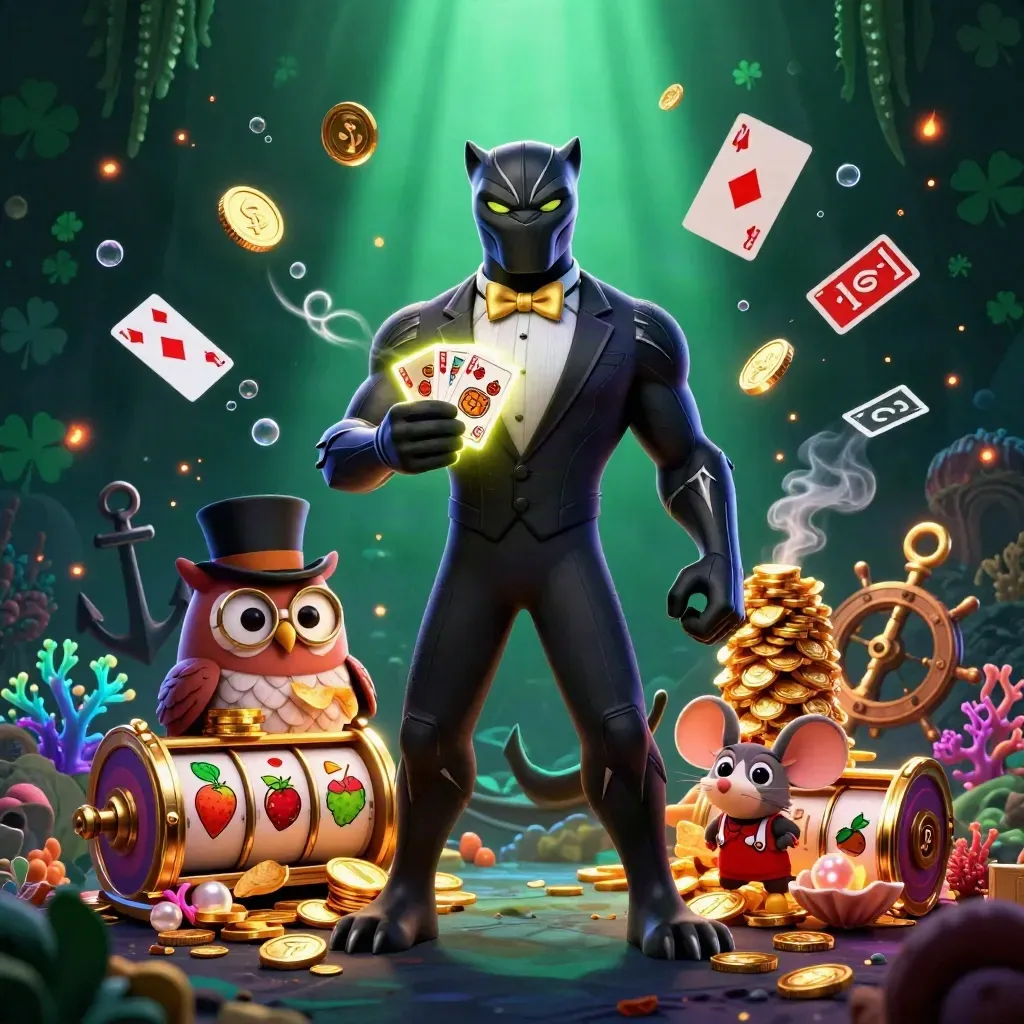 Black panther, owl, and mouse in luxe casino treasure cove with coins, coral, reels, and cards