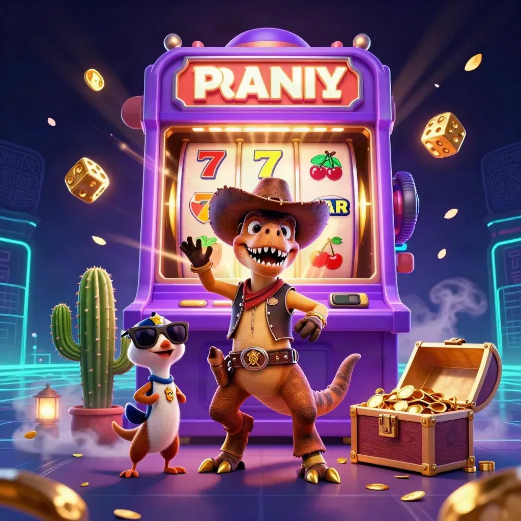 Cowboy T-Rex, cactus sidekick, and roadrunner erupt from a glowing slot machine in neon casino chaos.